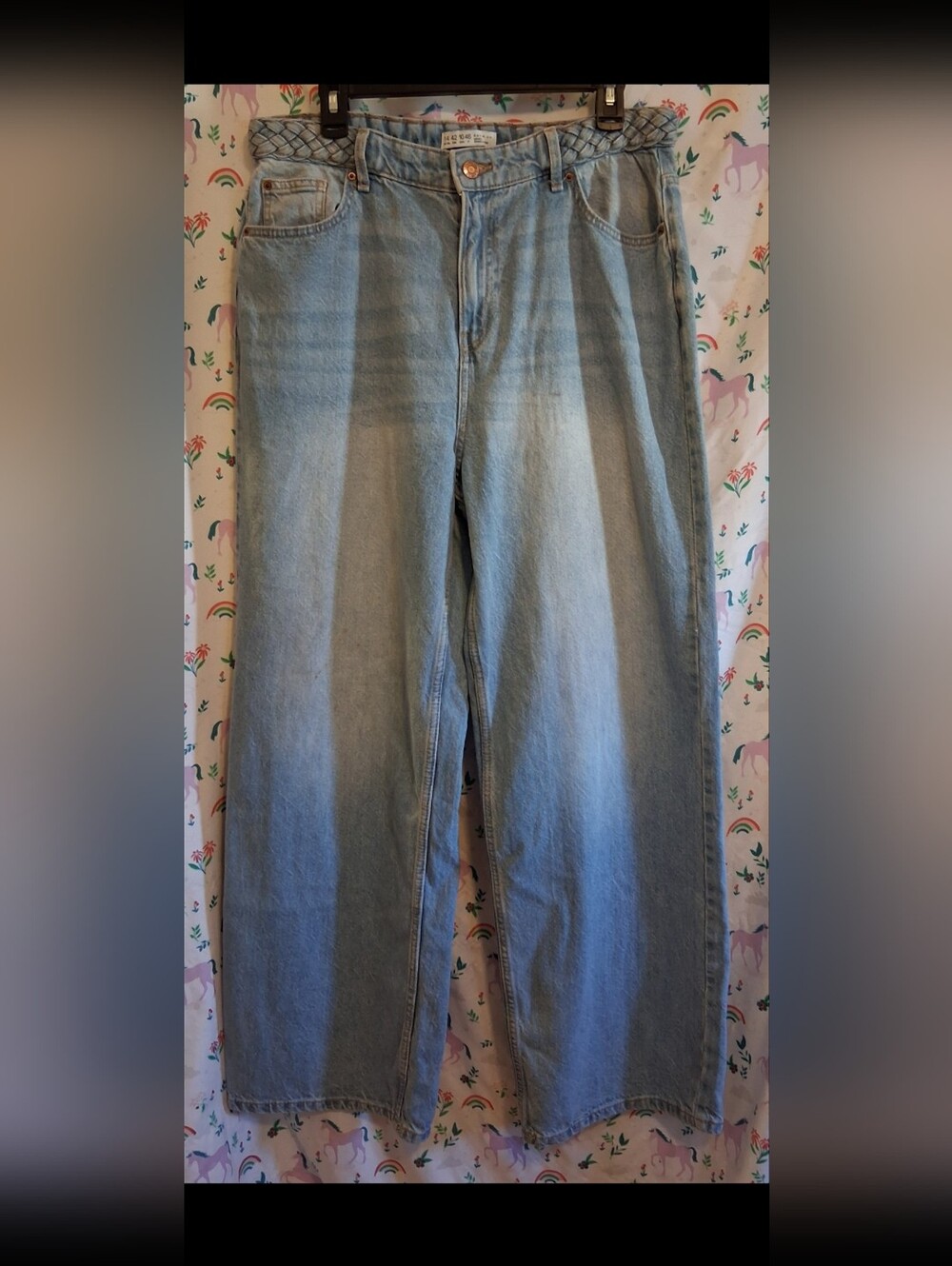 EUC Y2K Denim Co. Light Blue Braided Waist Baggy Flare Boho Jean Pants SZ 10